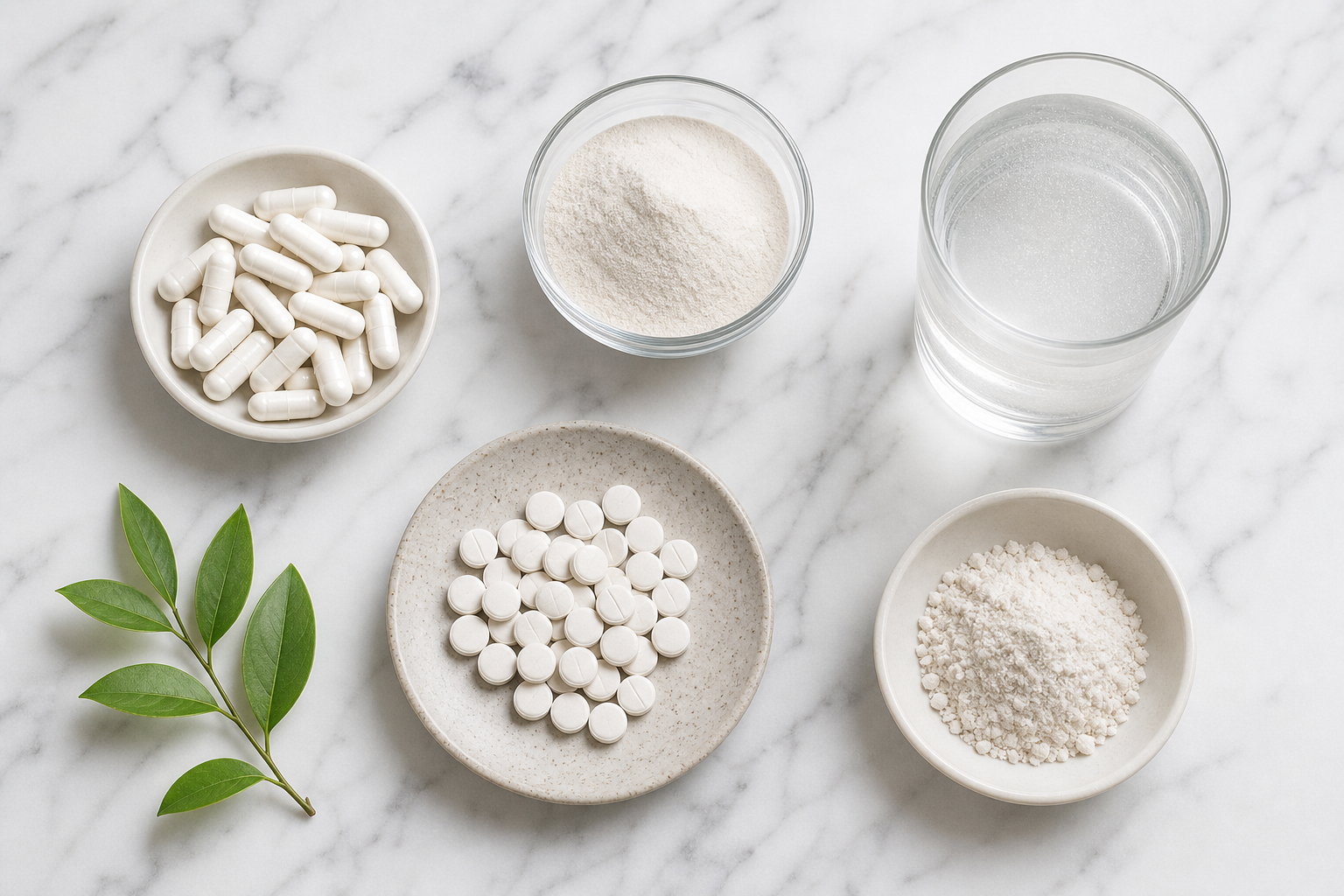 Various forms of magnesium supplements including capsules, tablets, and powder on a marble surface