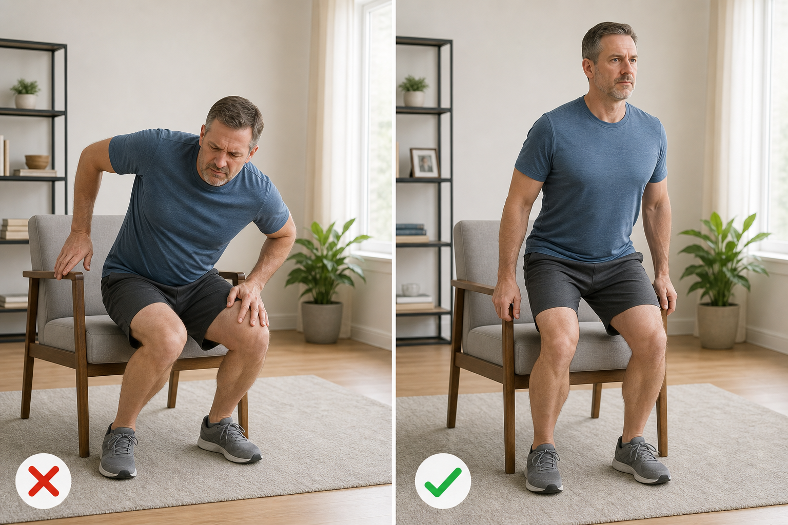 Side-by-side comparison showing incorrect versus correct posture during a sit-to-stand exercise