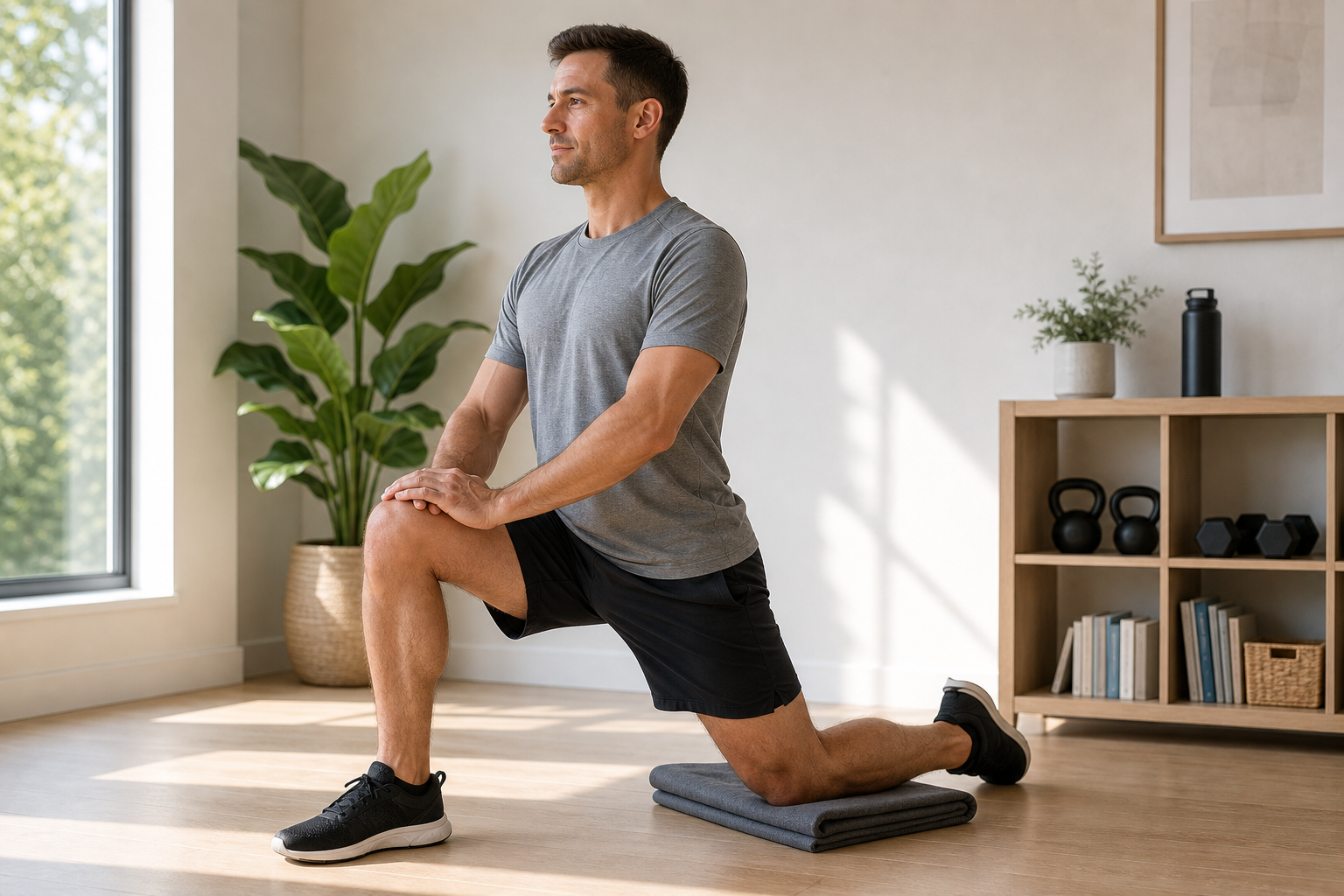 Person performing a low lunge hip flexor stretch on a yoga mat in a bright room