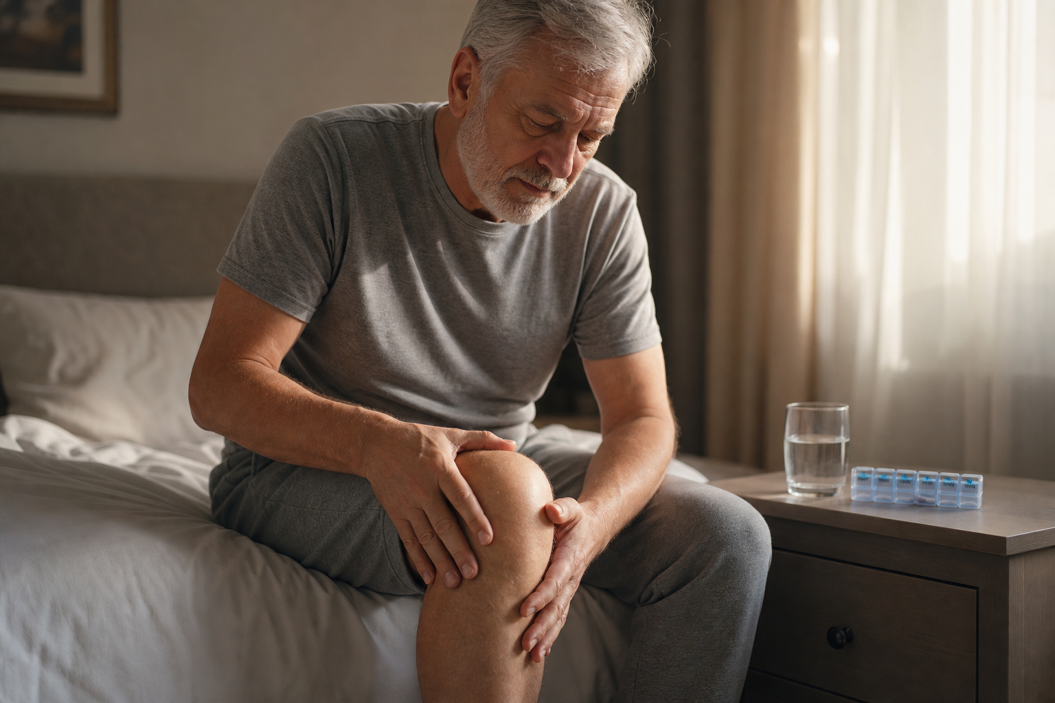 Older man sitting on a bed holding his knee during an arthritis flare