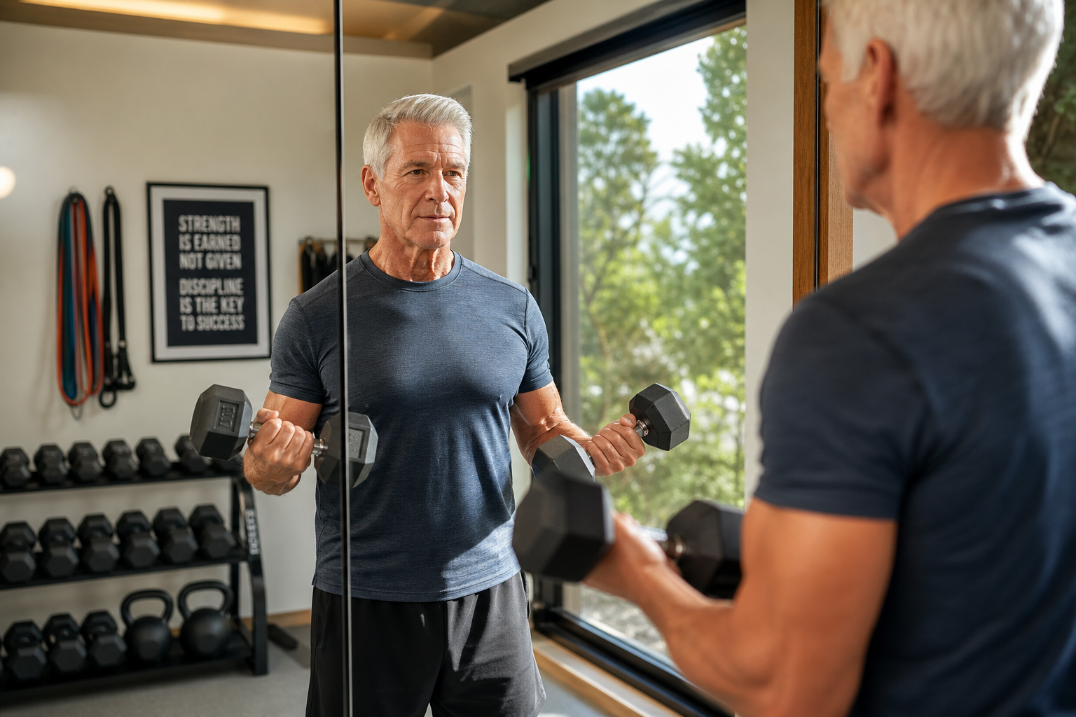 Senior man doing dumbbell curls during a resistance training workout