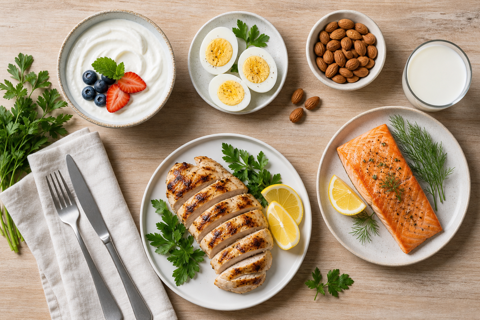 Overhead view of a balanced high-protein meal with chicken, eggs, salmon, and dairy