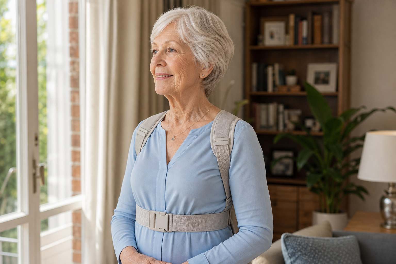 Elderly woman wearing a posture corrector brace standing upright in a sunny living room
