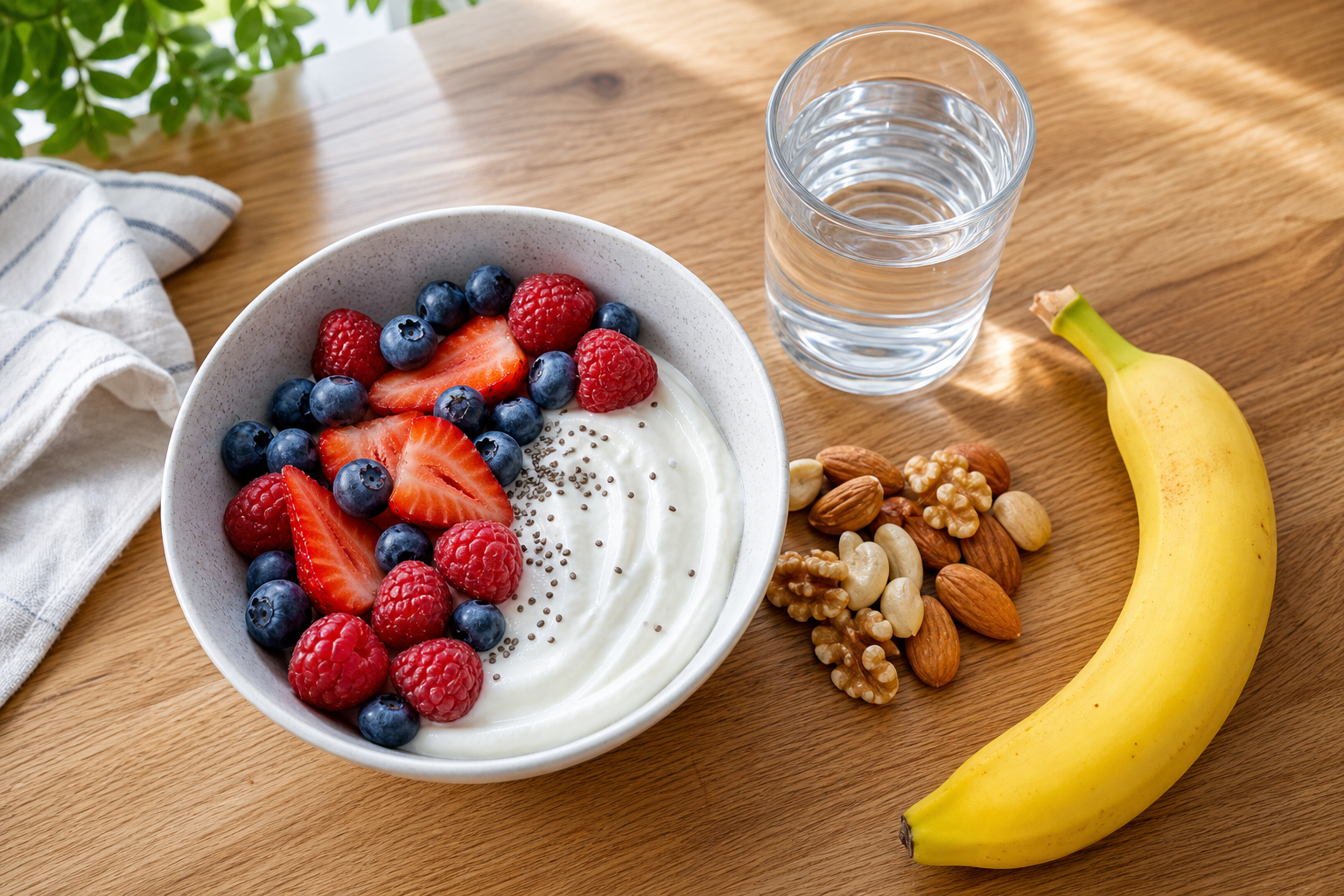 Healthy recovery foods including yogurt, berries, nuts, and water on a wooden table