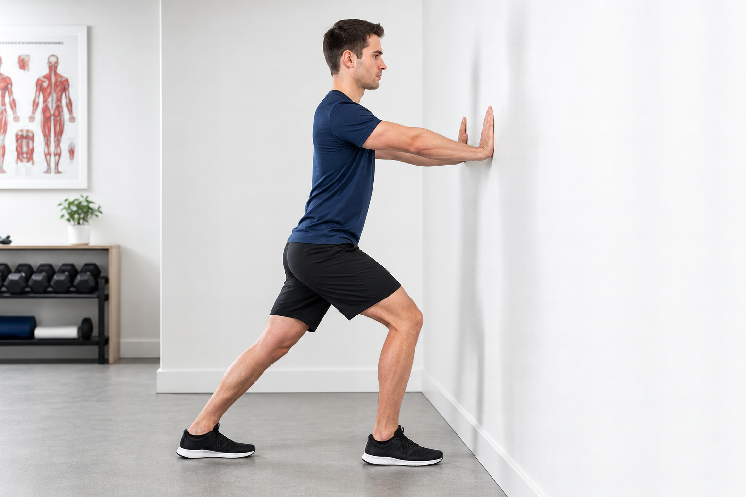 Person performing a standing ankle dorsiflexion stretch with knee bent forward against a wall, heel flat on the ground