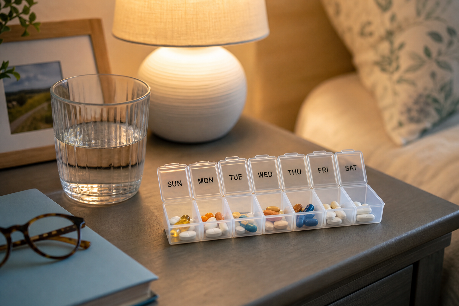 Weekly pill organizer with tablets and a glass of water on a bedside table in warm light