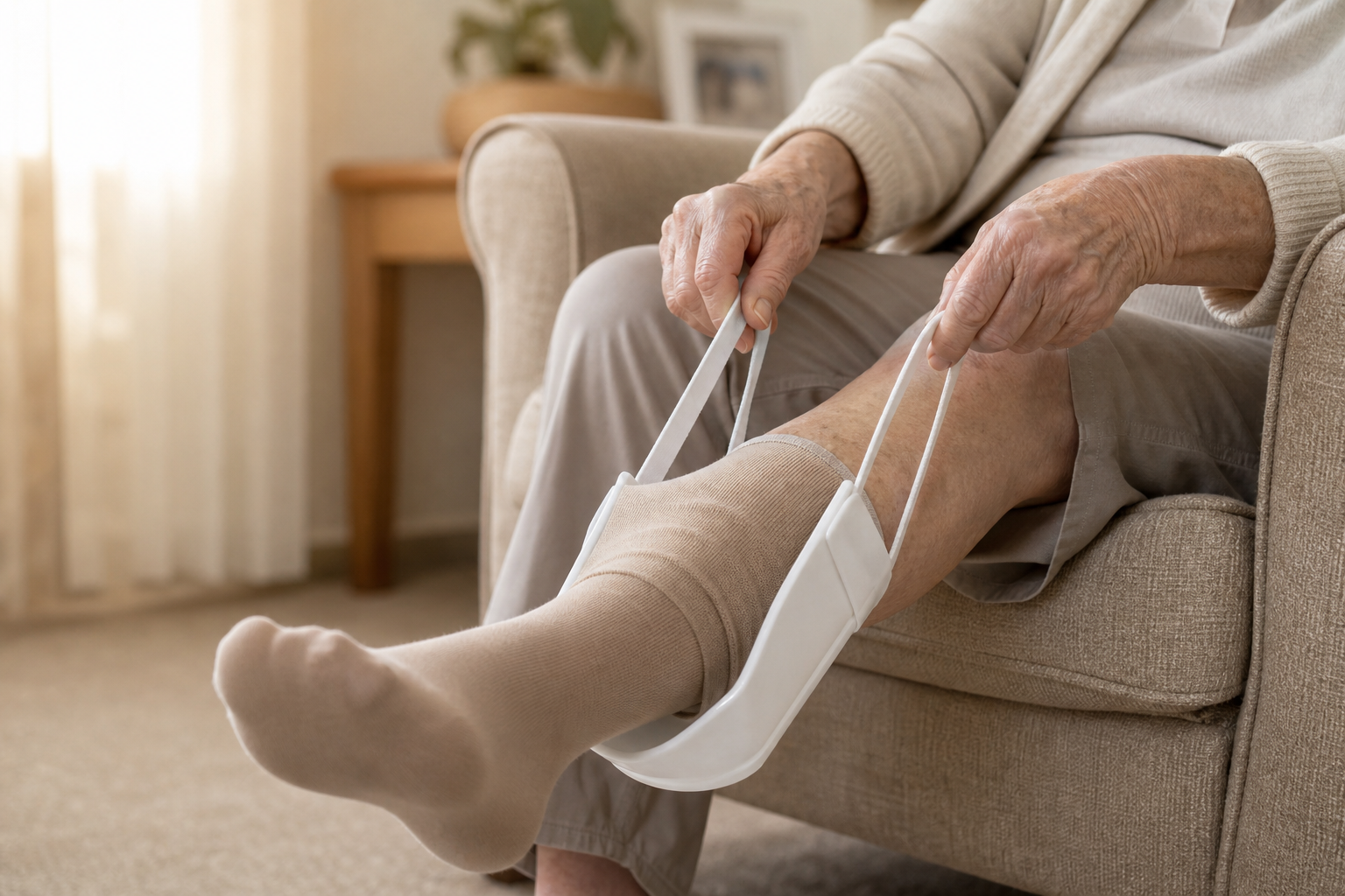 Elderly person using a sock donning aid to put on a compression sock