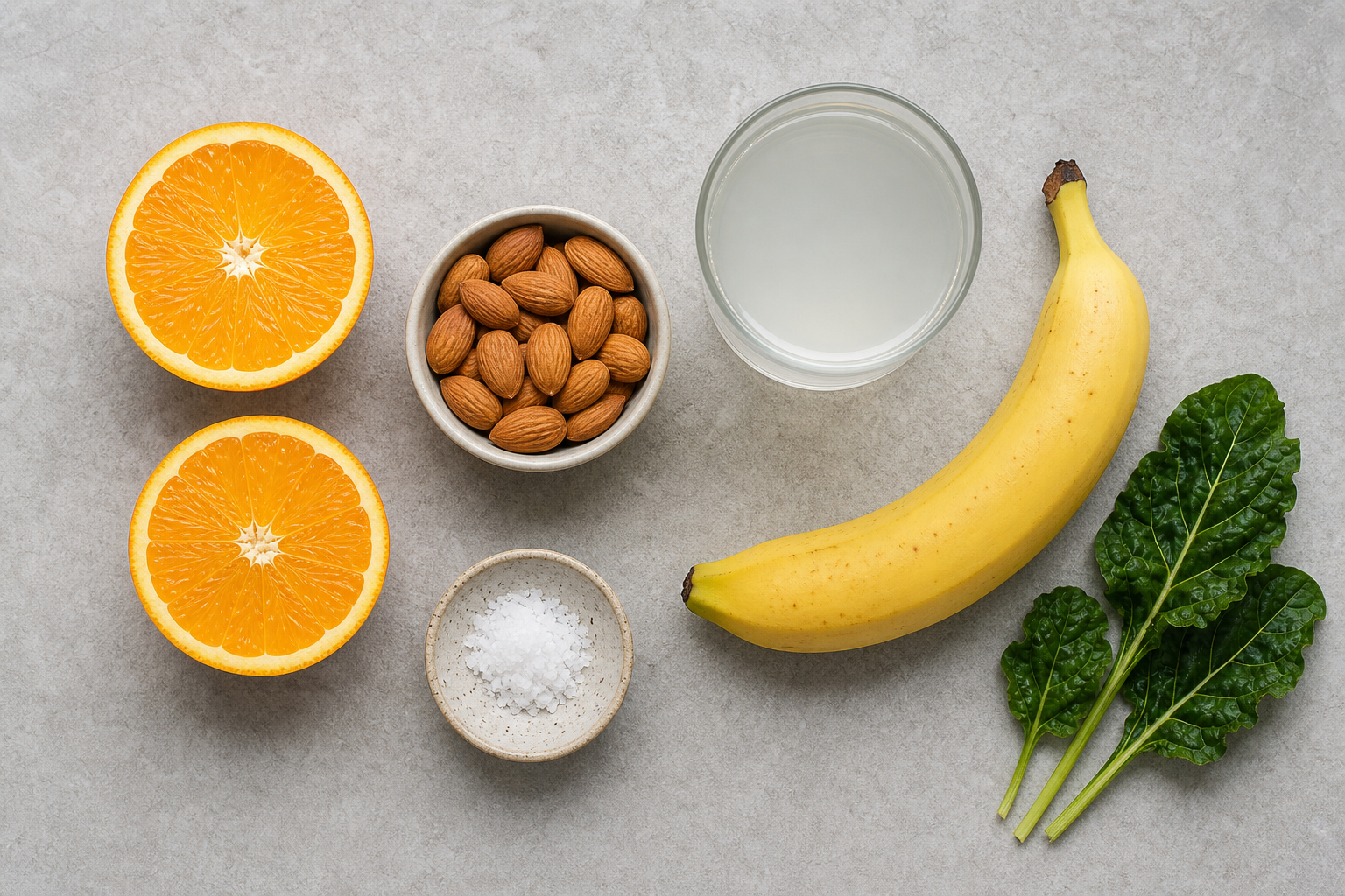 Overhead flat-lay of natural electrolyte-rich foods including banana, orange, coconut water, and leafy greens on a stone surface