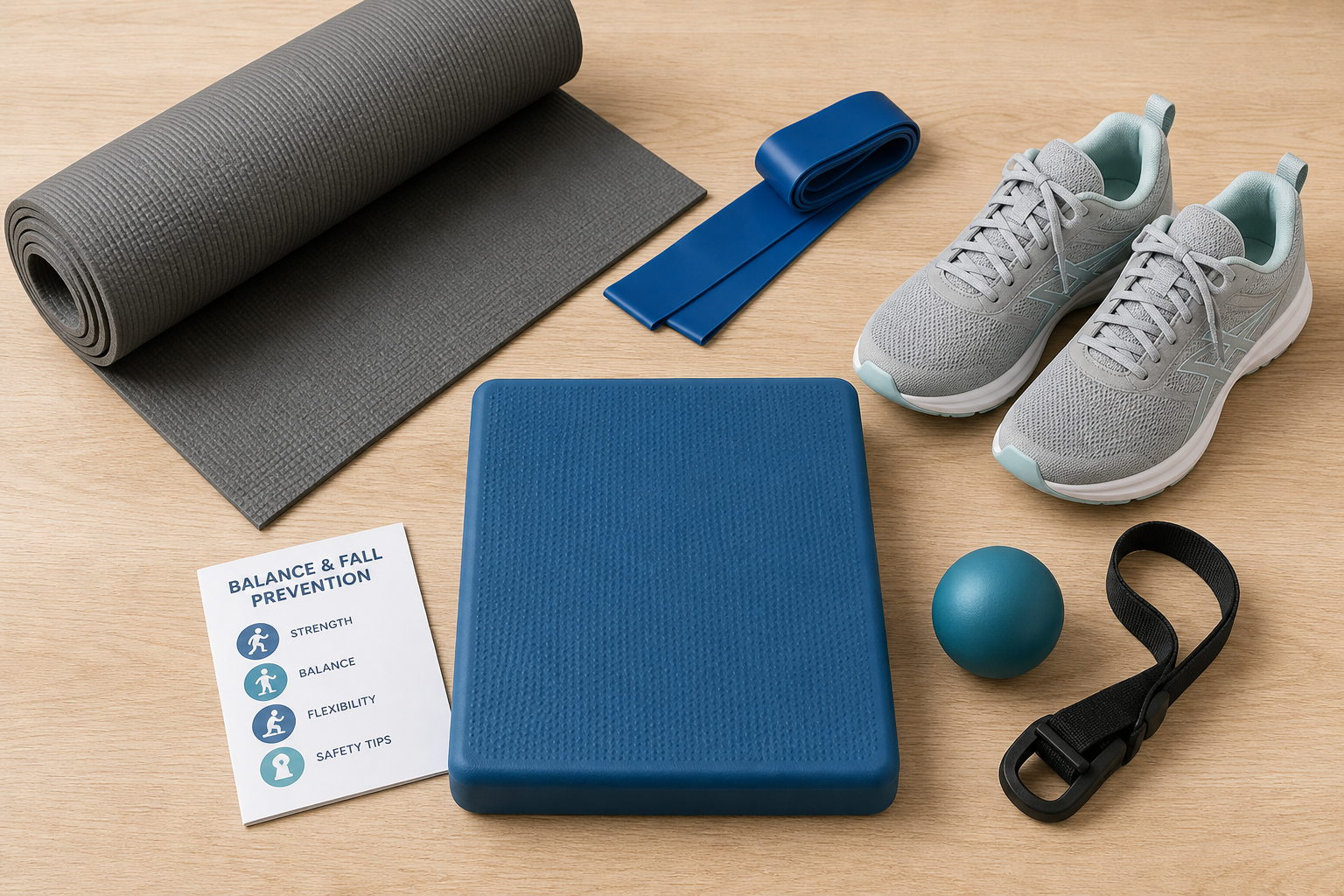 Balance exercise equipment including a yoga mat, foam pad, resistance band, and supportive shoes arranged neatly