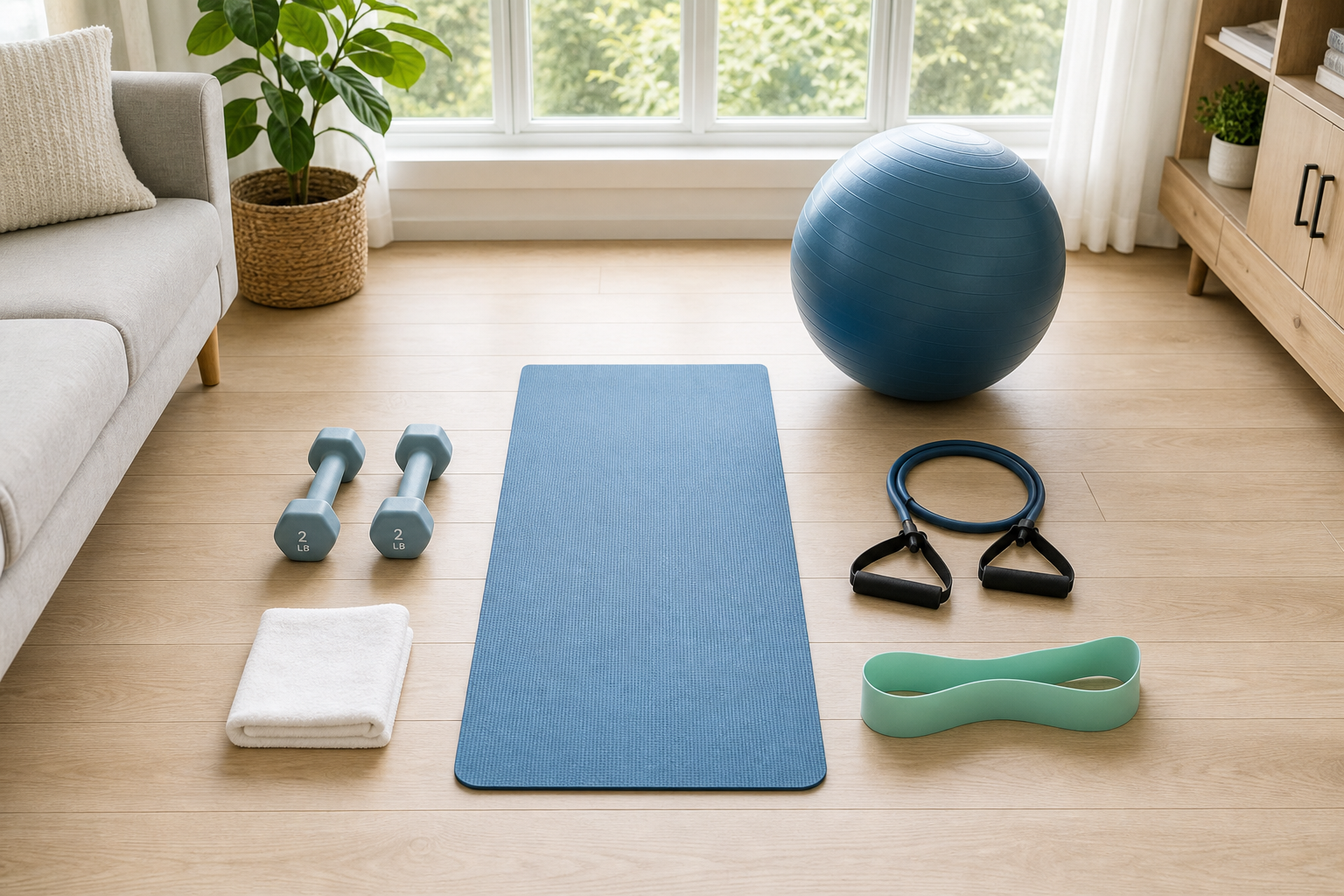 Home workout equipment including dumbbells, resistance bands, and a yoga mat arranged neatly on a floor