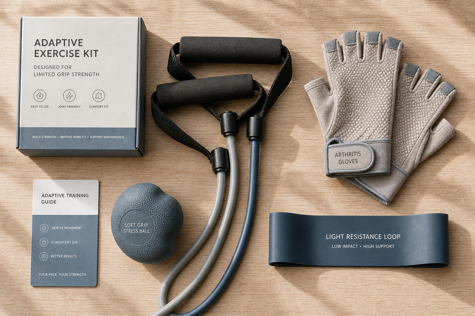Adaptive exercise equipment for arthritic hands laid out on a wooden surface