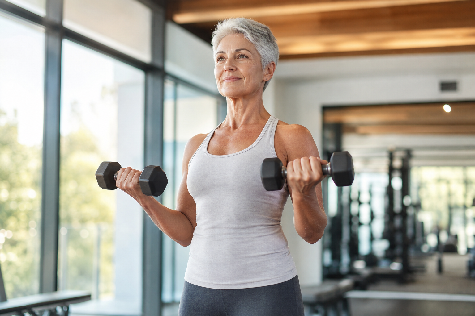 An older woman doing dumbbell strength training exercises to support bone density