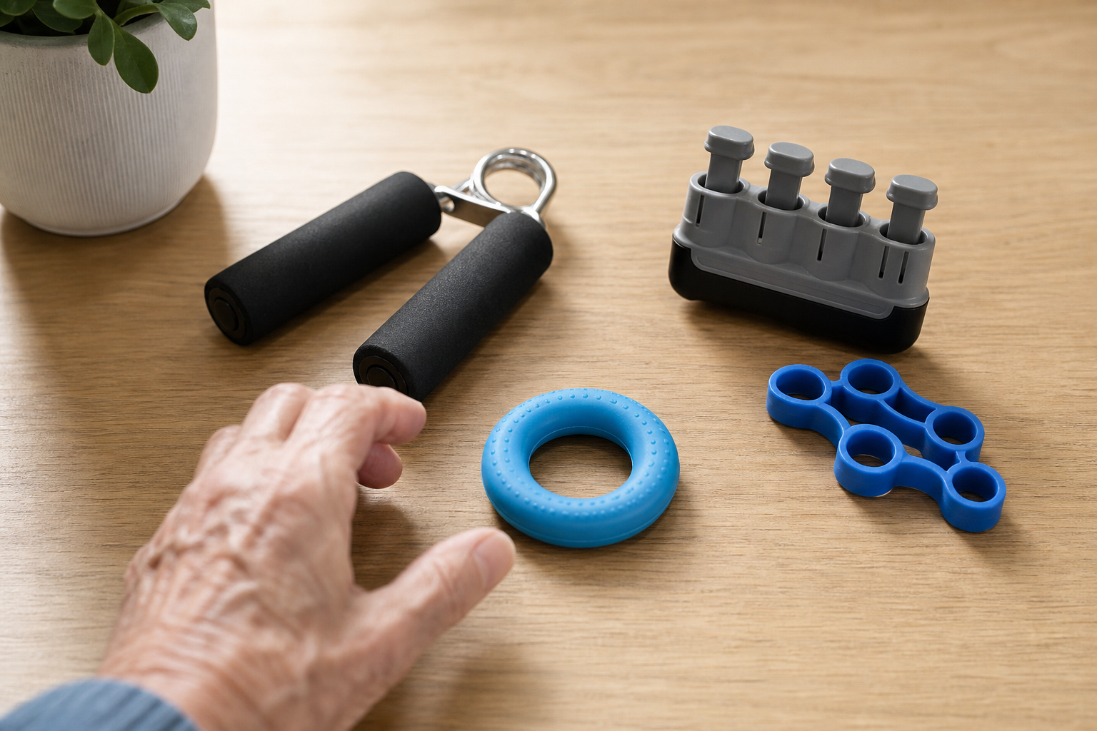 Assortment of hand and finger exercise tools on a wooden surface with an elderly hand reaching toward them