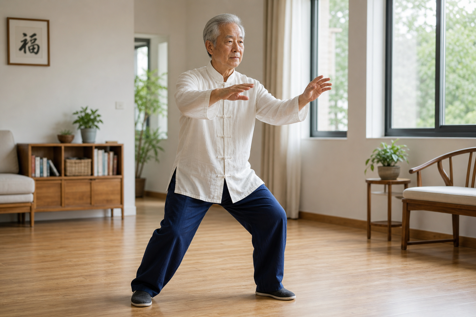 Senior man practicing a tai chi starter move in a bright home living room