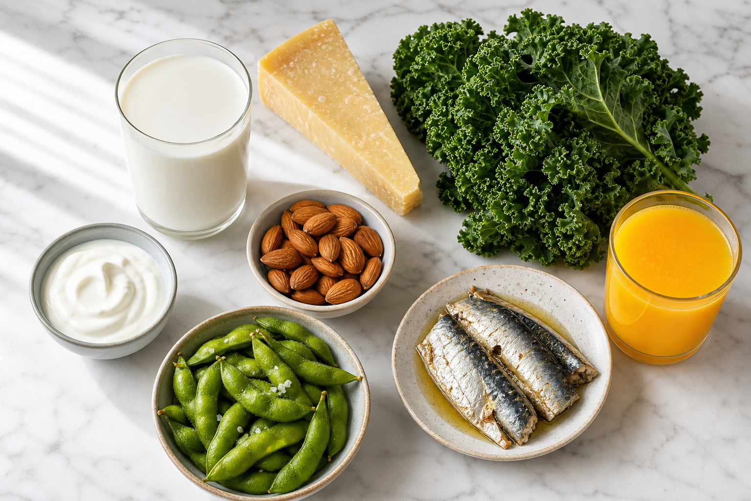 Assortment of calcium-rich foods including dairy, leafy greens, nuts, and fish arranged on a white marble surface
