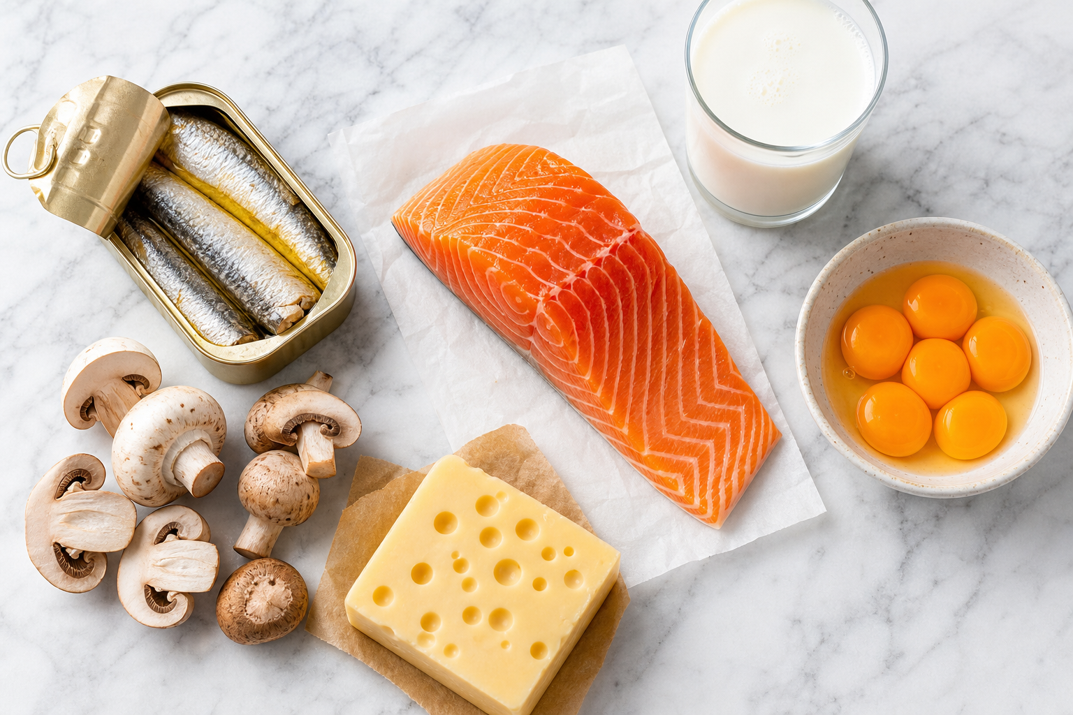 A flat-lay arrangement of vitamin D-rich foods including salmon, eggs, mushrooms, and milk on a marble surface