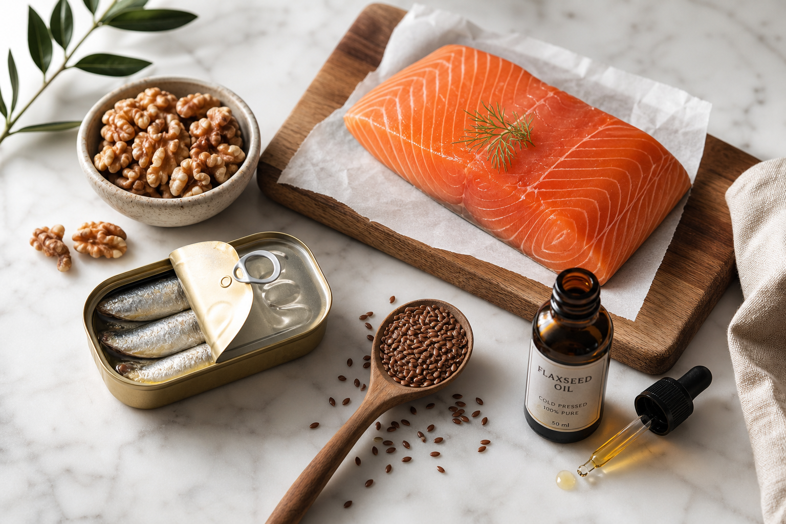 A flat lay of omega-3 rich foods including salmon, walnuts, sardines, flaxseeds, and flaxseed oil on a white marble surface