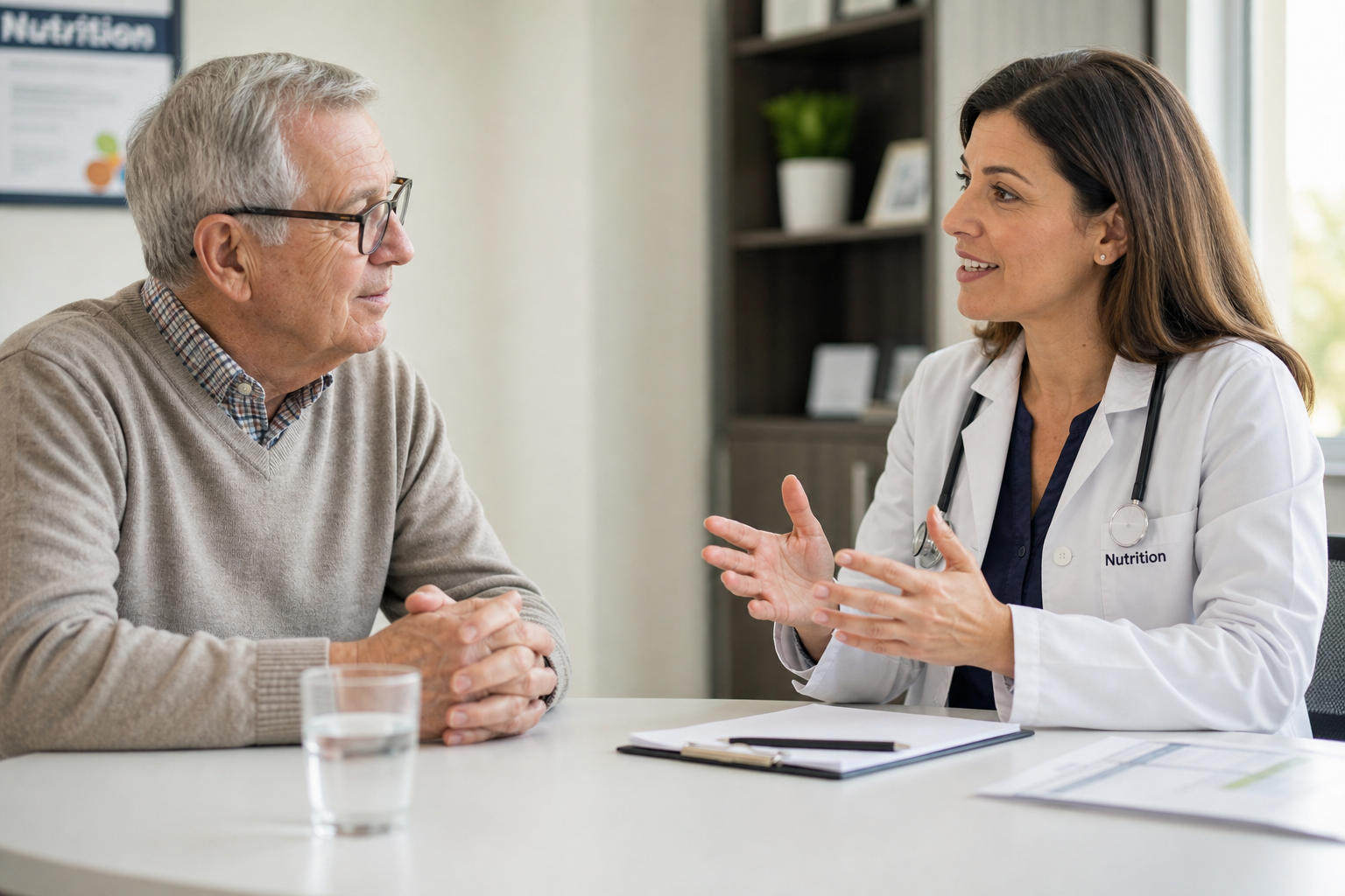Elderly man consulting with a nutritionist in a bright modern medical office