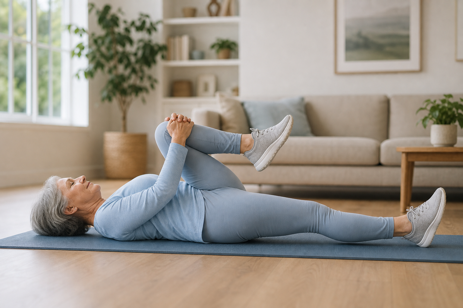 Senior woman performing a gentle back stretch exercise on a yoga mat