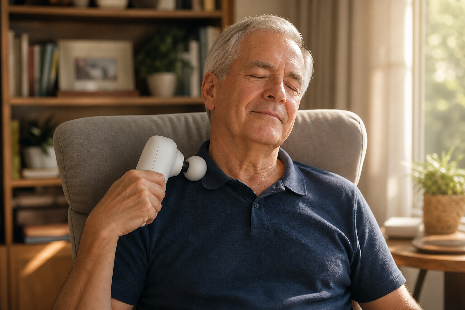 Senior man relaxing in a recliner while using a handheld electric massager on his shoulder