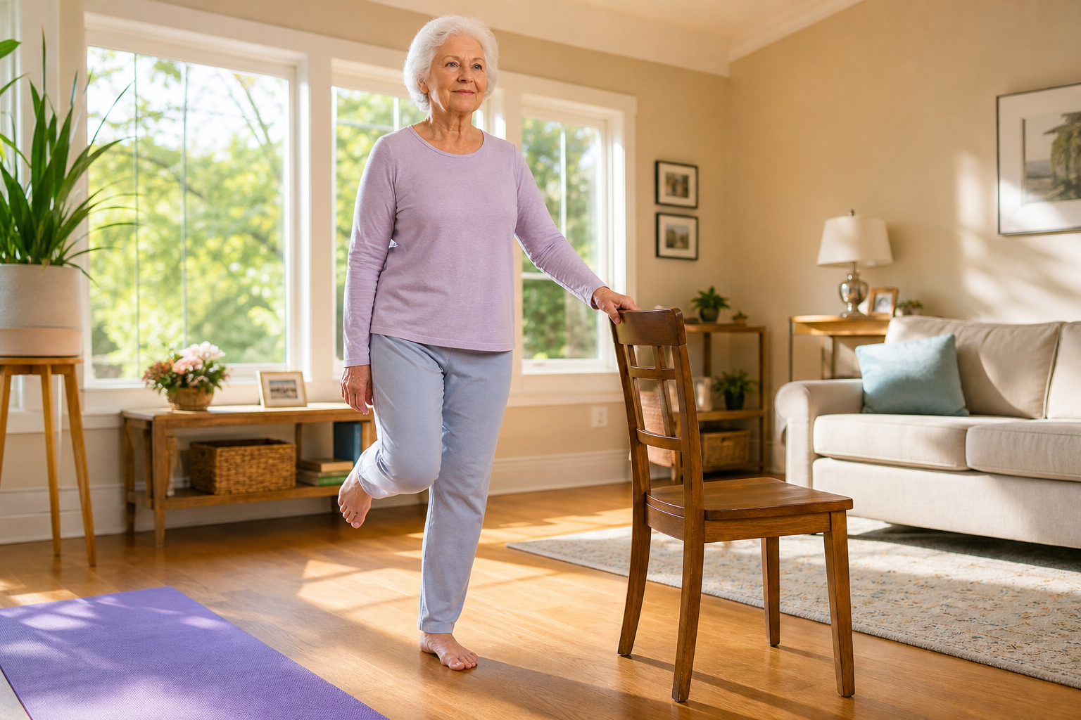 Senior woman doing a gentle balance exercise at home using a chair for support