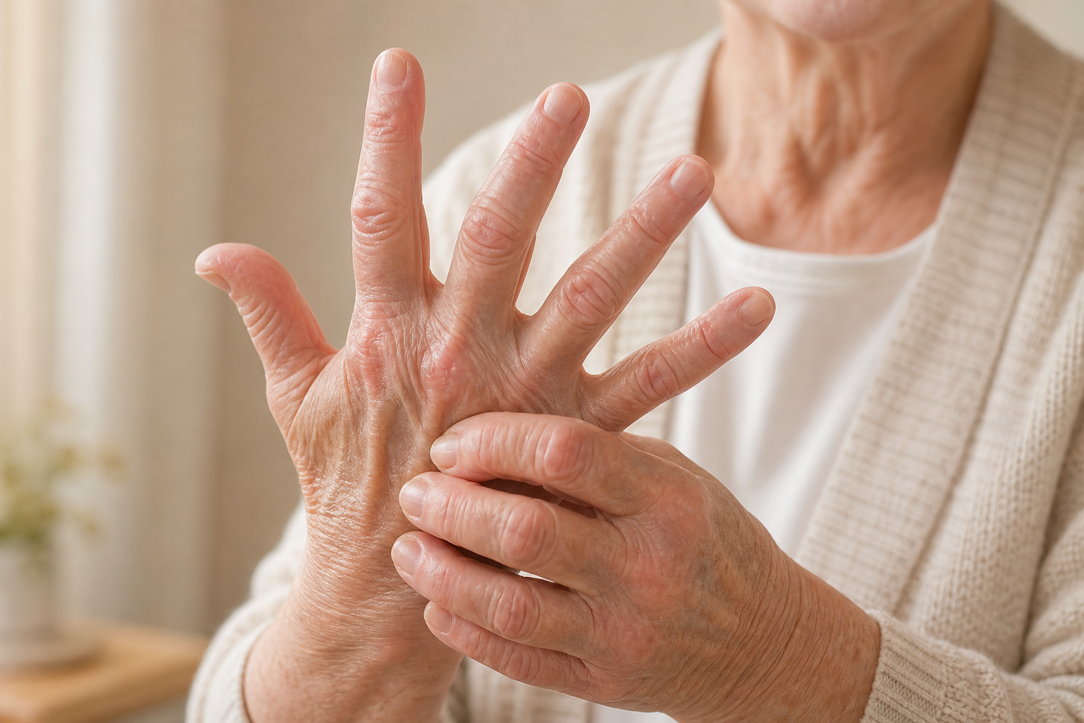 Elderly hands performing a gentle finger stretching exercise for arthritis relief