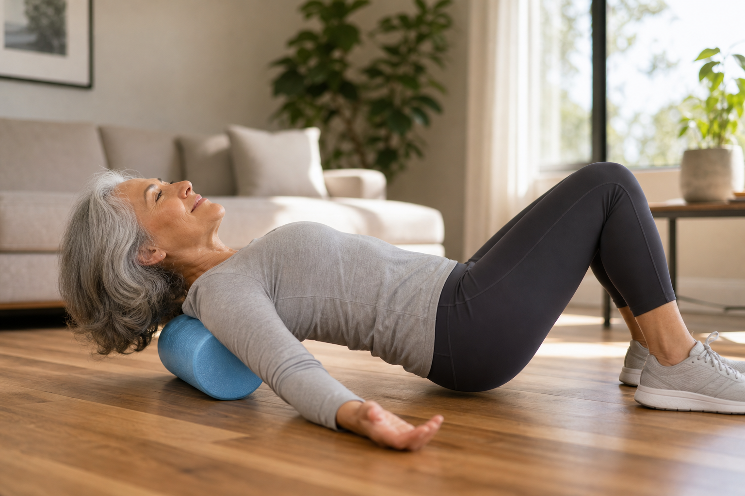 Senior woman using a foam roller on her upper back on a wooden floor in a bright room