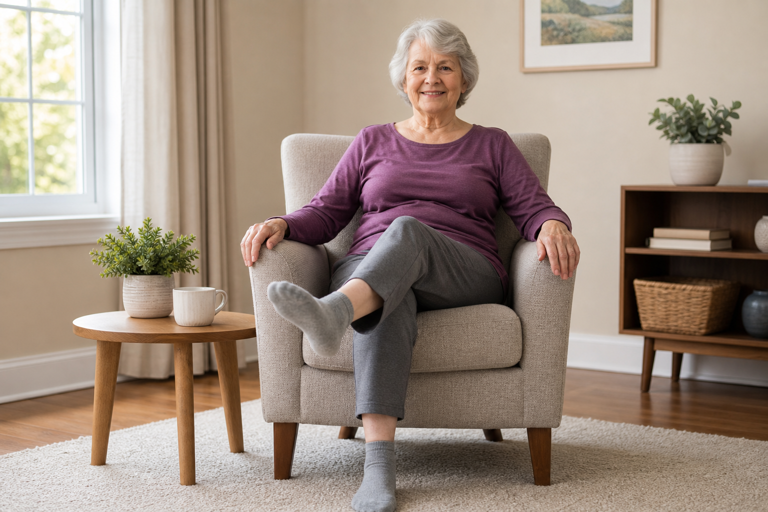 Older woman seated in a chair doing a gentle ankle rotation exercise