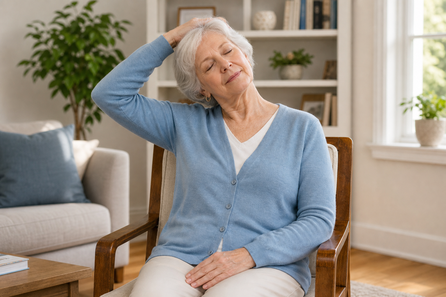 Senior woman performing a seated side neck stretch in a bright living room