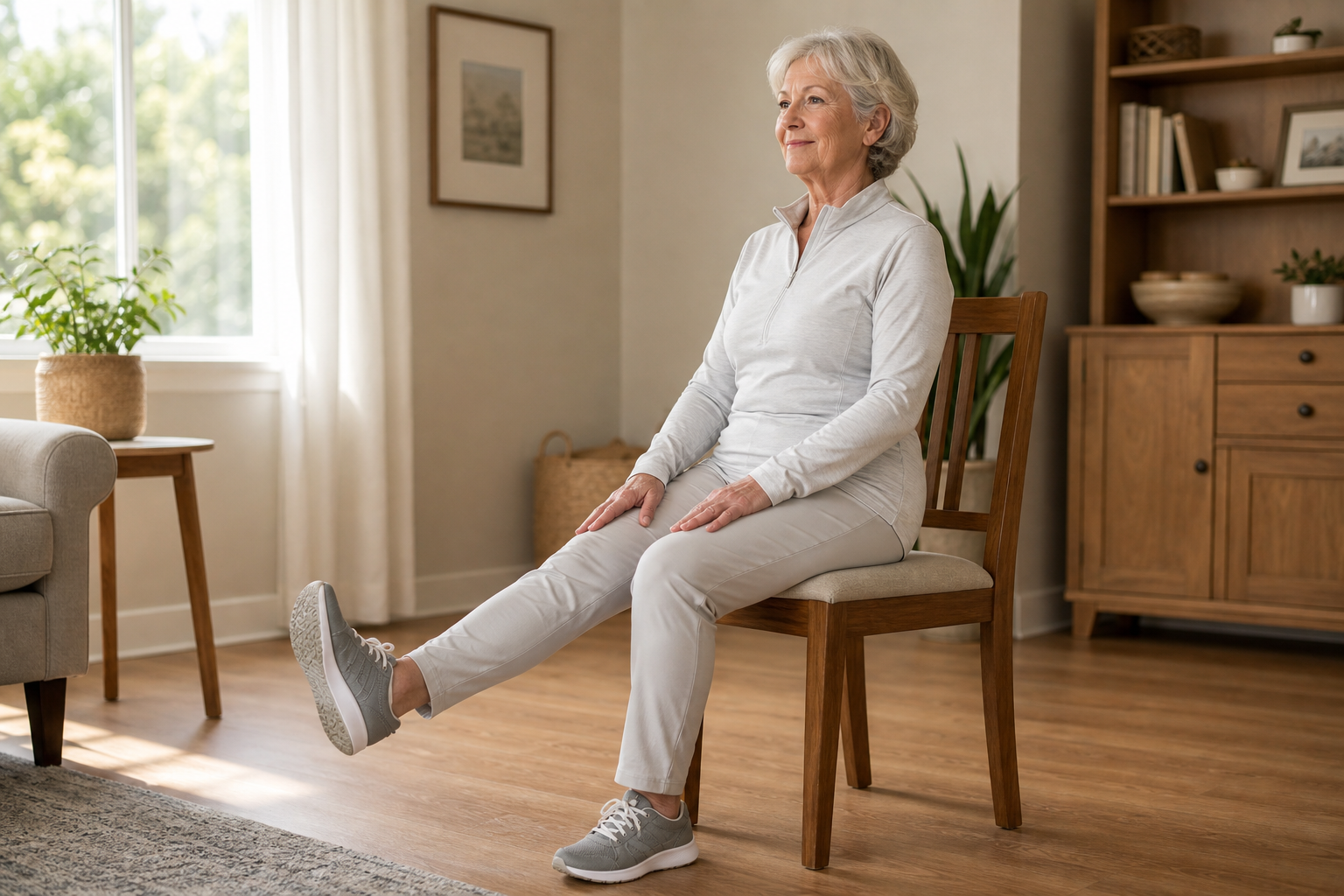 Elderly woman performing a seated nerve glide exercise on a chair