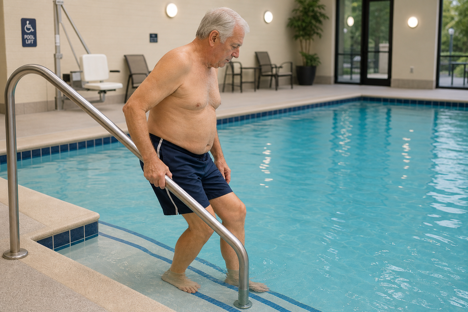 Senior man safely entering a swimming pool by holding a handrail on the pool steps