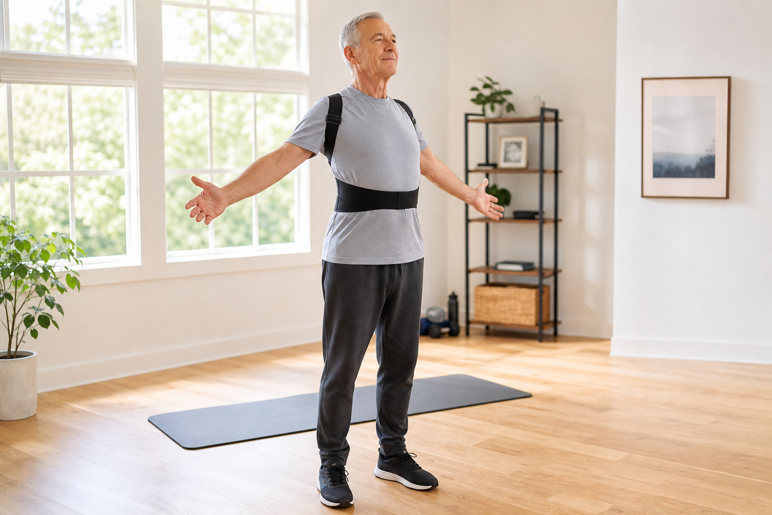 Senior man wearing a posture corrector doing gentle stretching exercises in a bright room