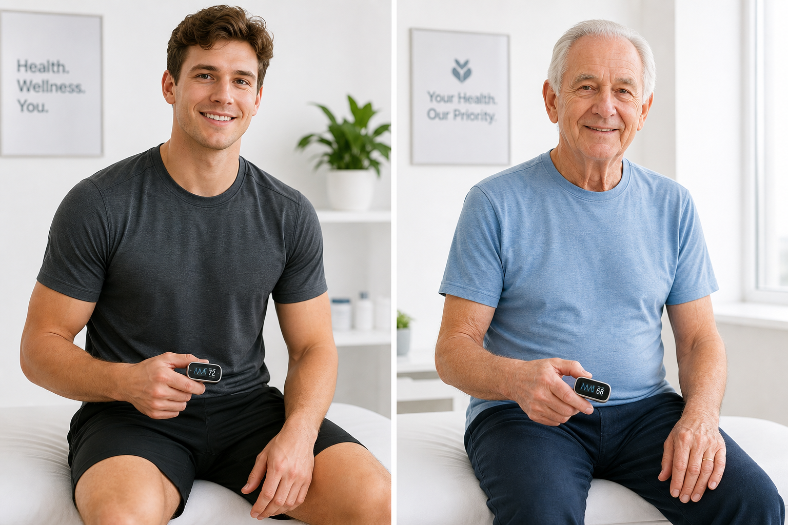 Young adult and elderly man sitting side by side with heart rate monitors on their fingers