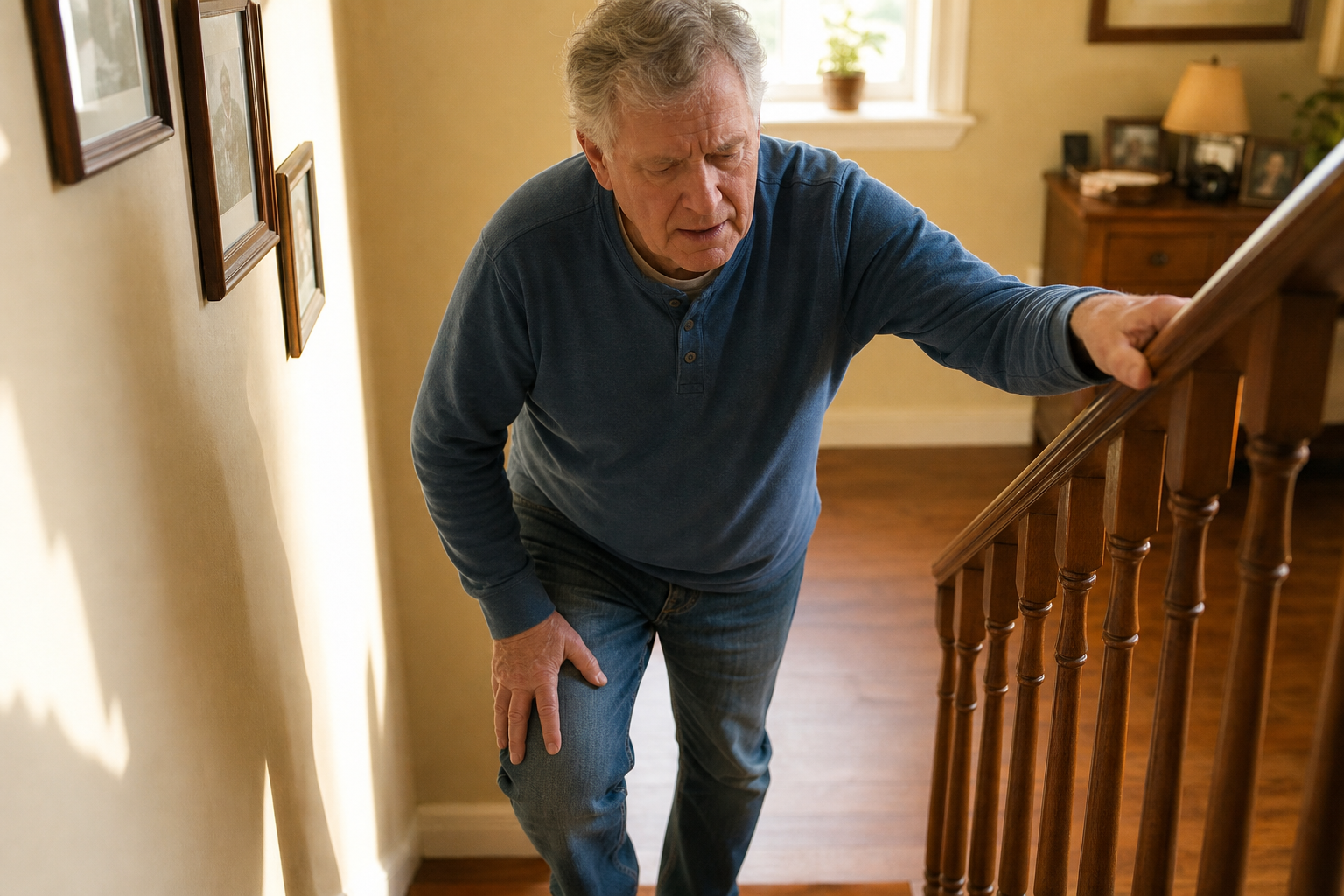 Older man gripping stair railing while climbing stairs at home, showing difficulty due to muscle weakness