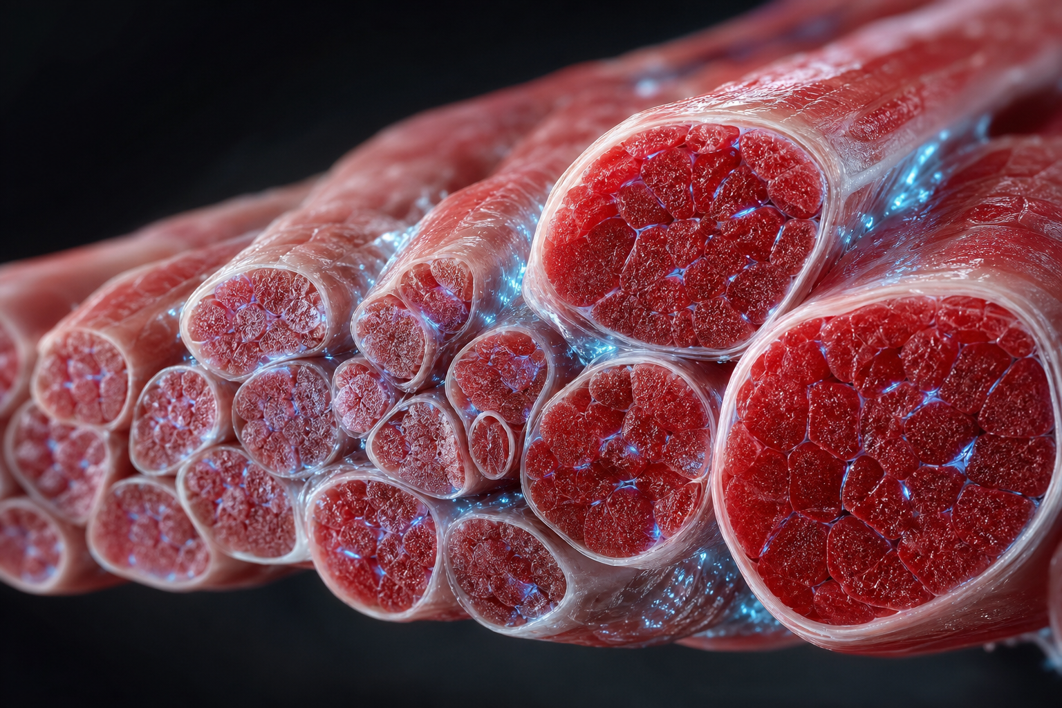 Close-up visualization of muscle fibers showing the contrast between atrophied and healthy, strengthened muscle tissue