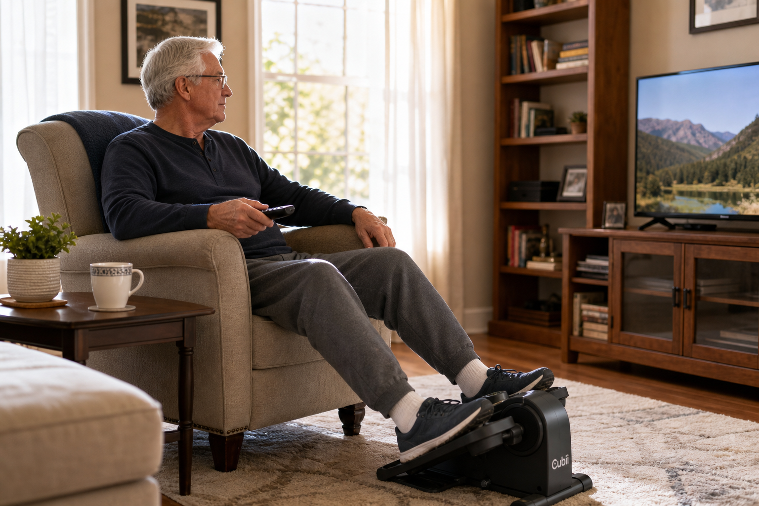 Senior man pedaling an under-desk elliptical while relaxing and watching TV at home