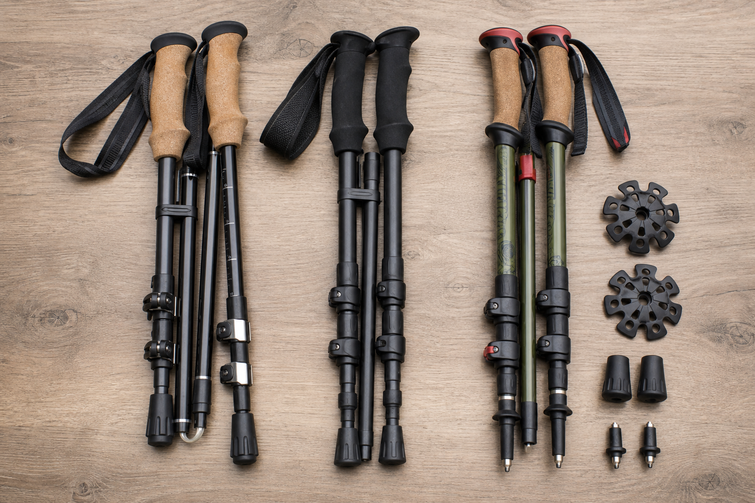 Three different walking poles side by side showing grip, tip, and adjustment feature differences