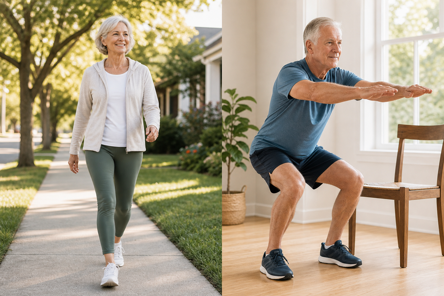 Senior couple combining walking and strength training exercises in their weekly routine