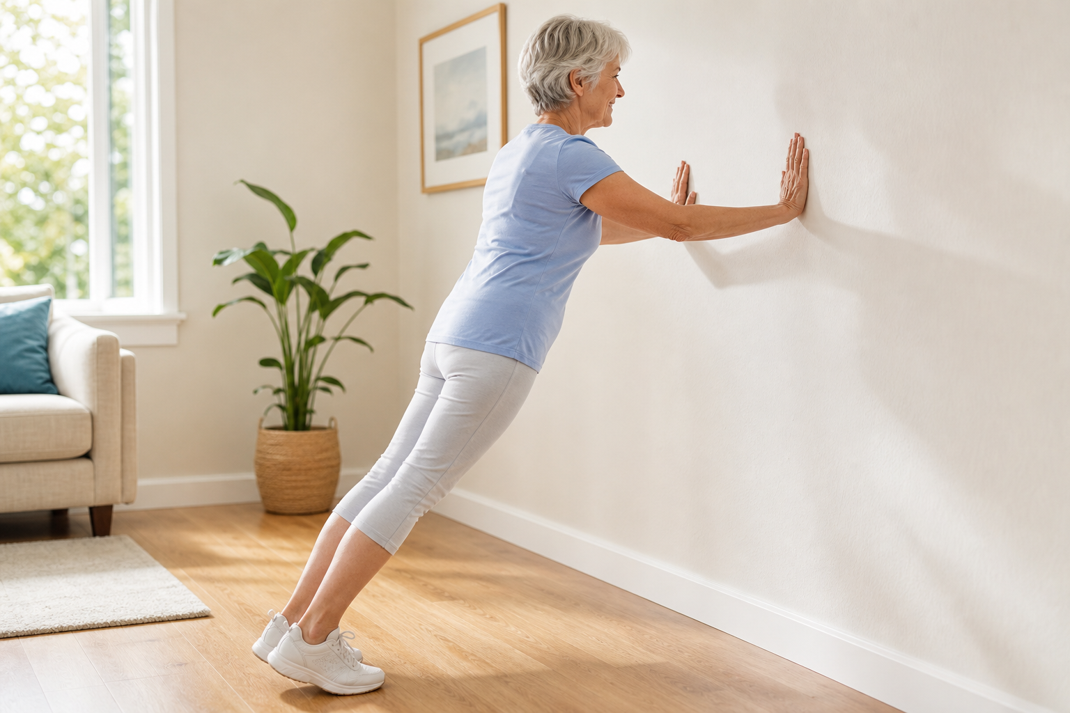Senior woman performing a wall push-up with correct form and body alignment