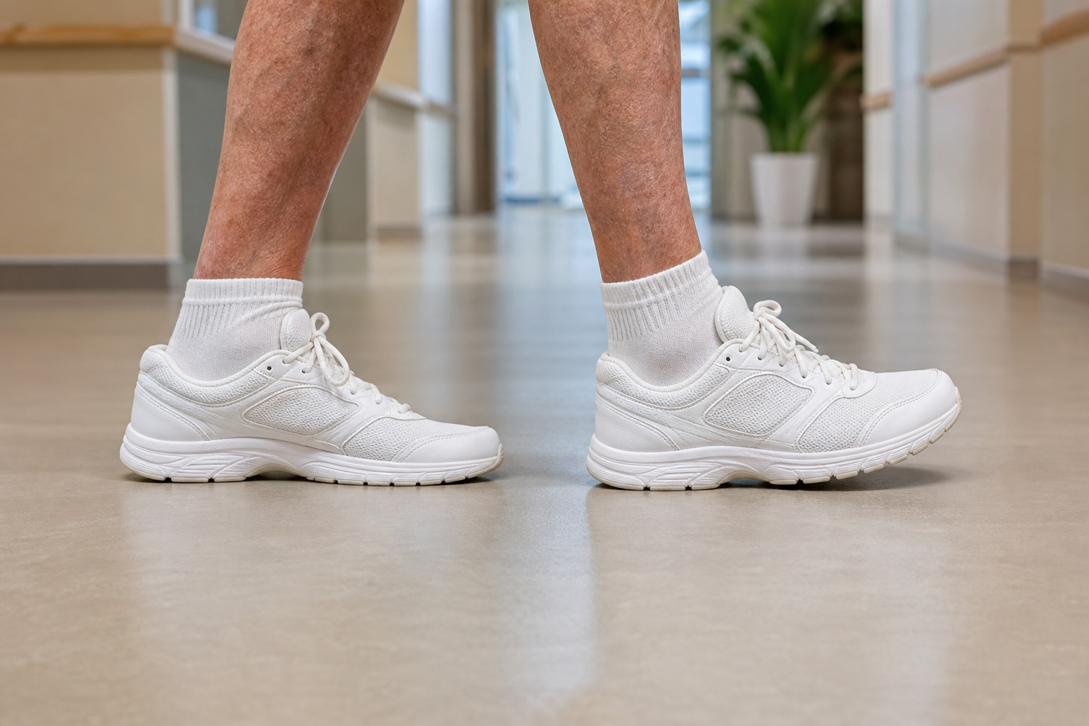 Close-up of senior feet demonstrating heel-to-toe walking technique with heel touching toe in a straight line