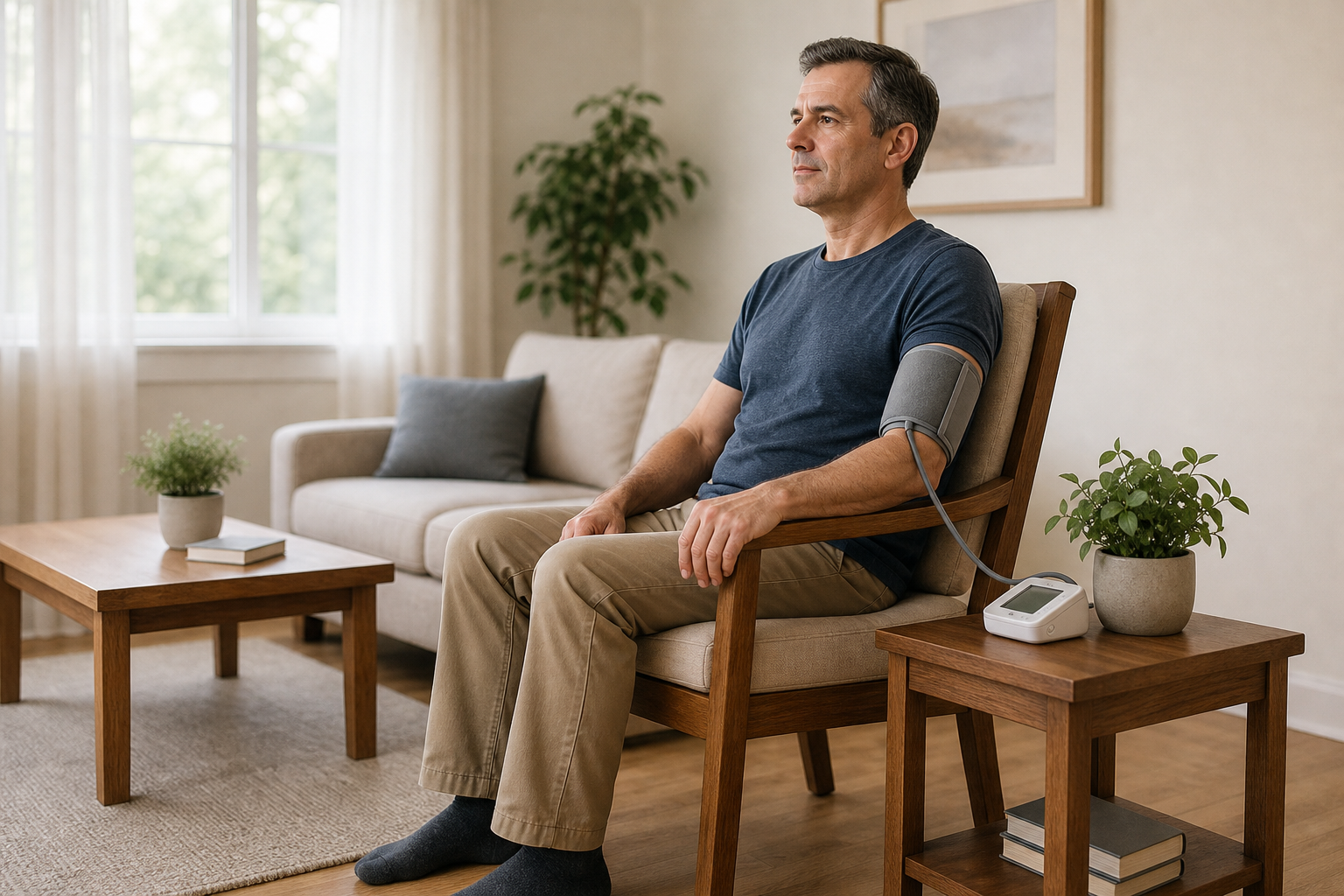Man sitting correctly to take an accurate blood pressure reading at home
