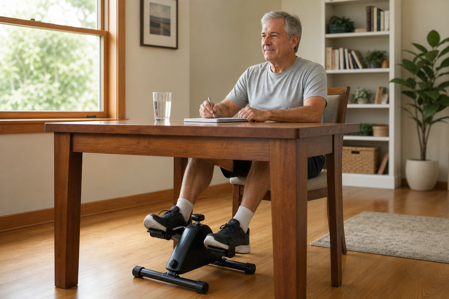 Senior man pedaling a desk pedal exerciser while seated at a table at home