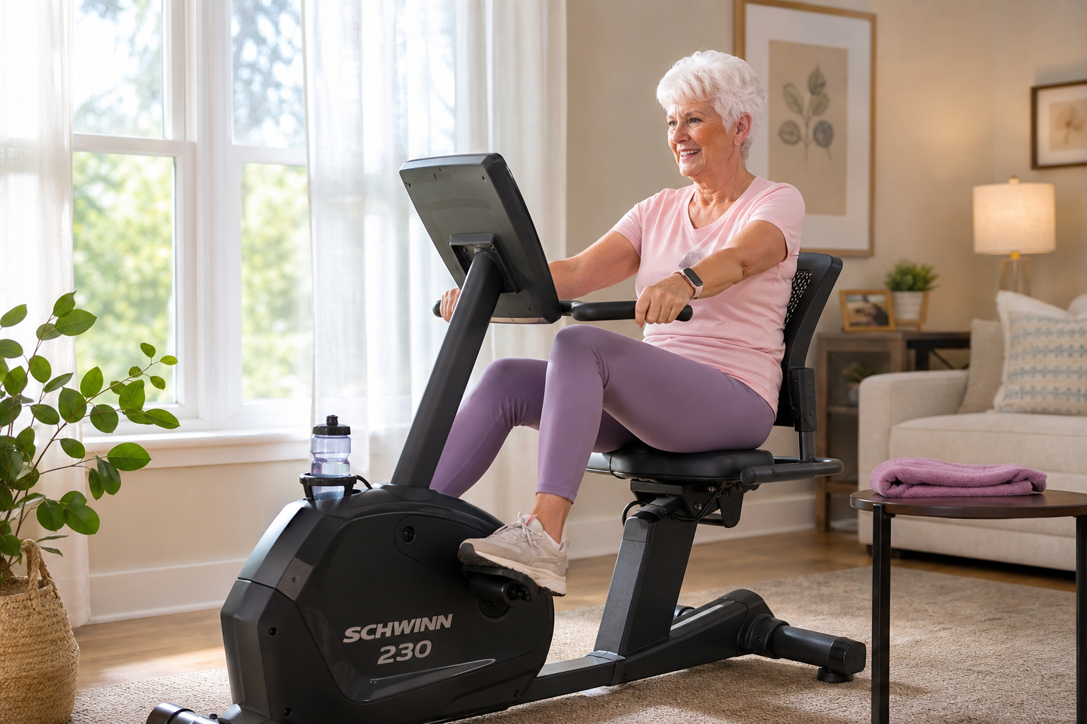Senior woman actively pedaling a recumbent bike during a workout session at home