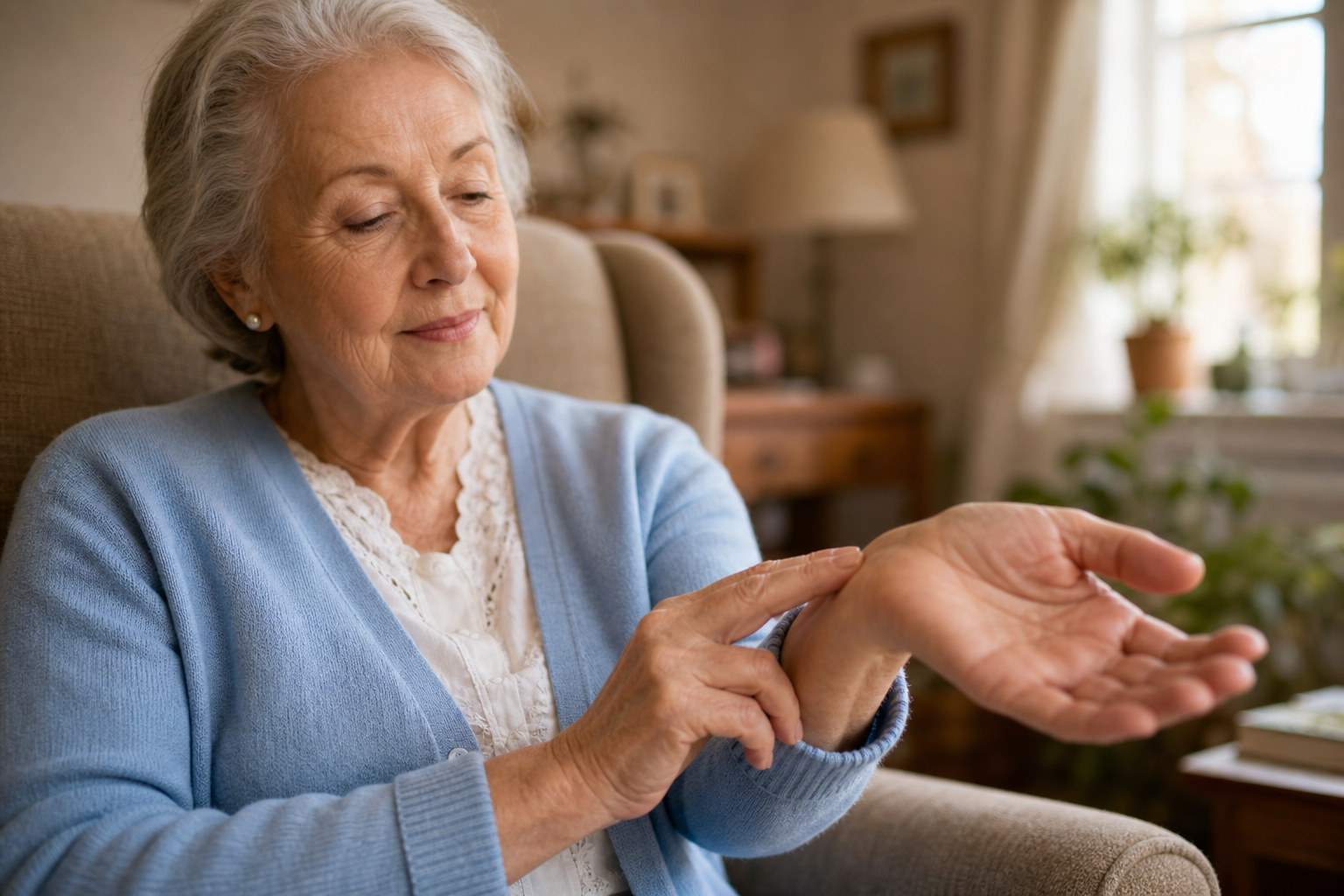 Elderly woman checking her pulse at the wrist while seated comfortably at home