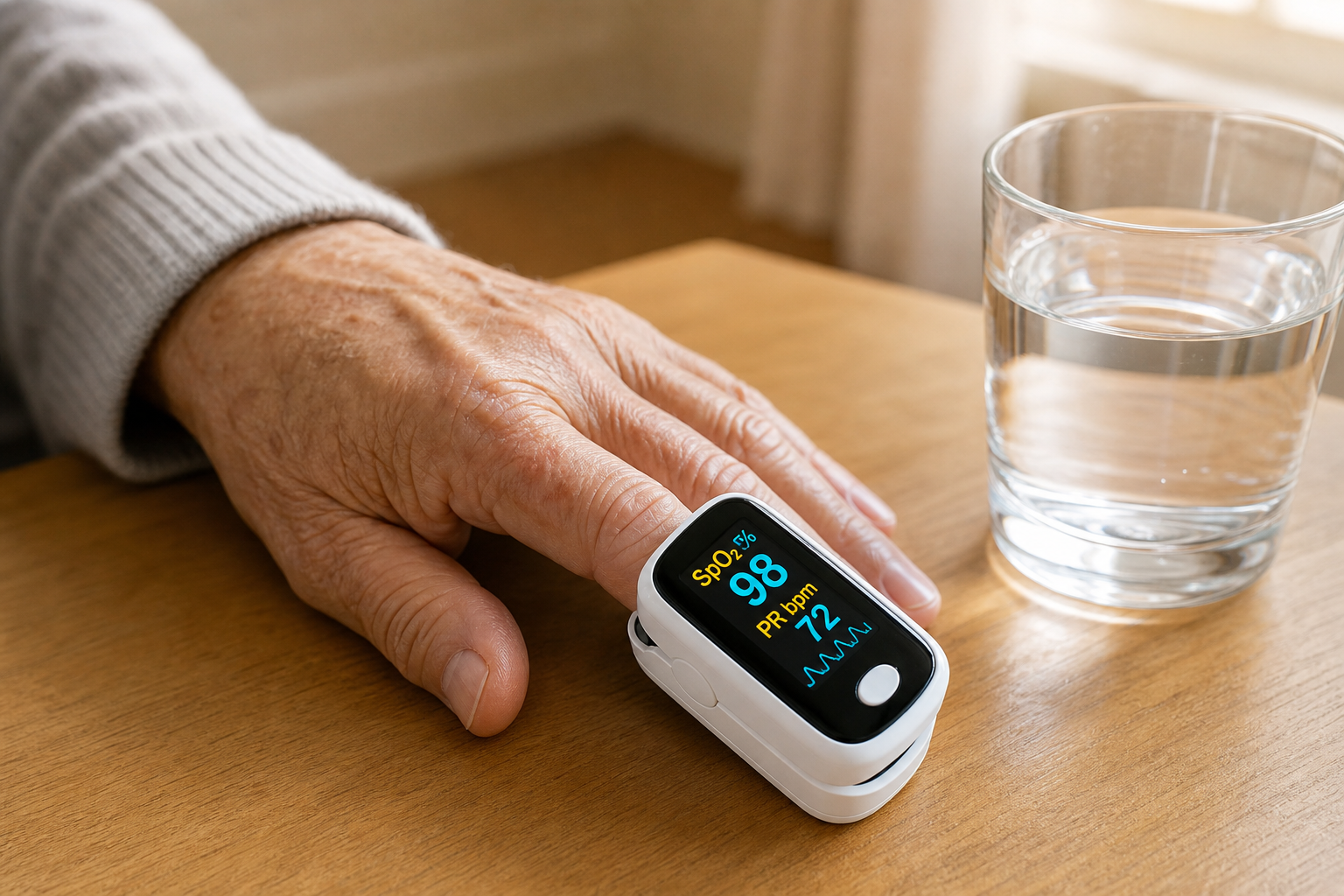 Elderly person using a pulse oximeter on their finger to monitor blood oxygen levels at home