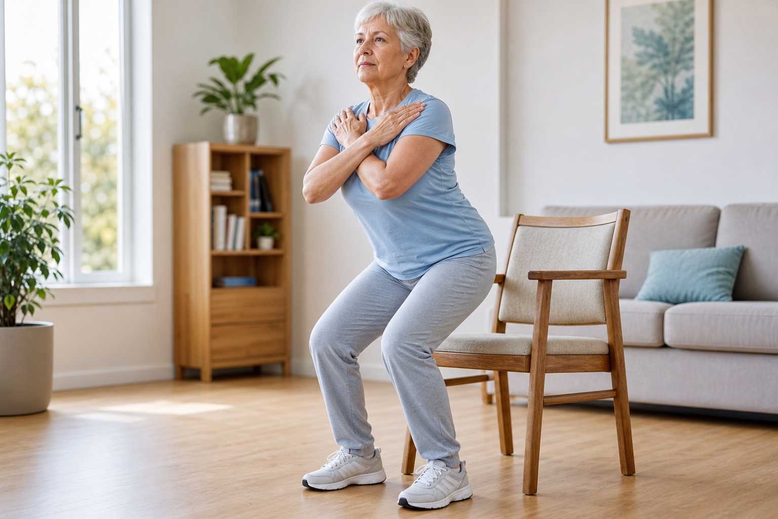 Older woman rising from a chair with arms crossed during the sit-to-stand test