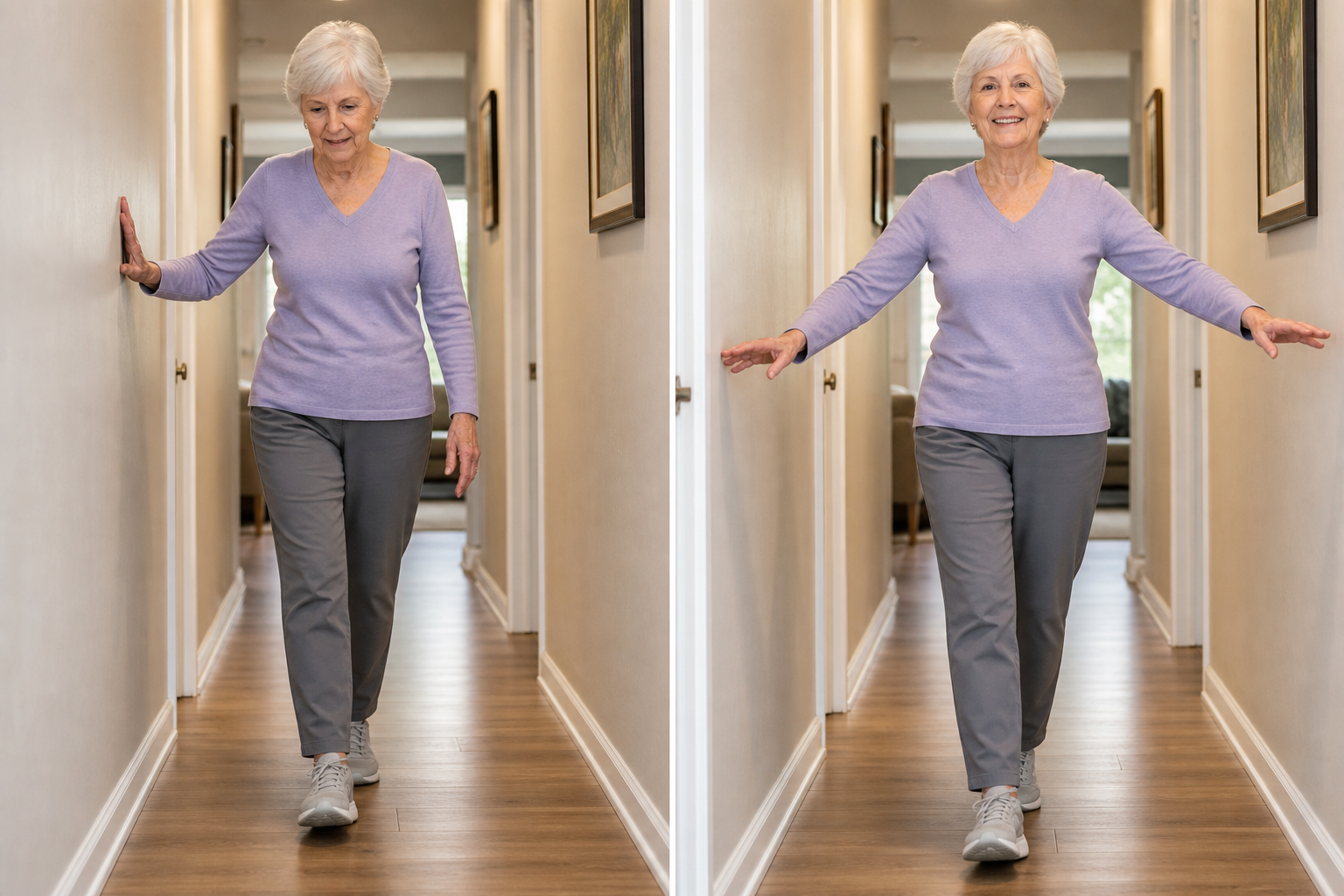 Senior woman shown at two stages of heel-to-toe walking progress, first with wall support then walking independently
