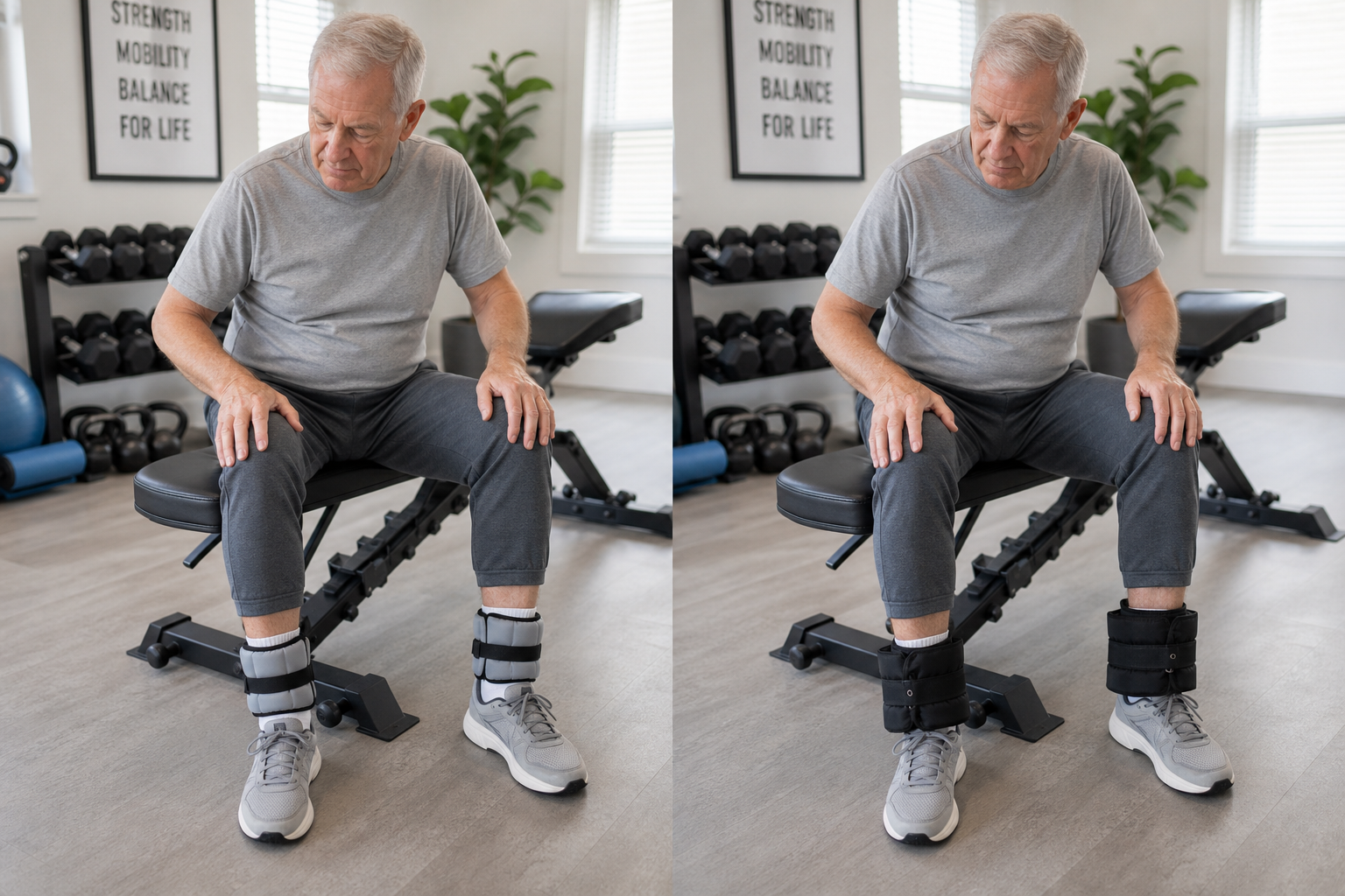 Senior man comparing different ankle weight sizes while seated on an exercise bench
