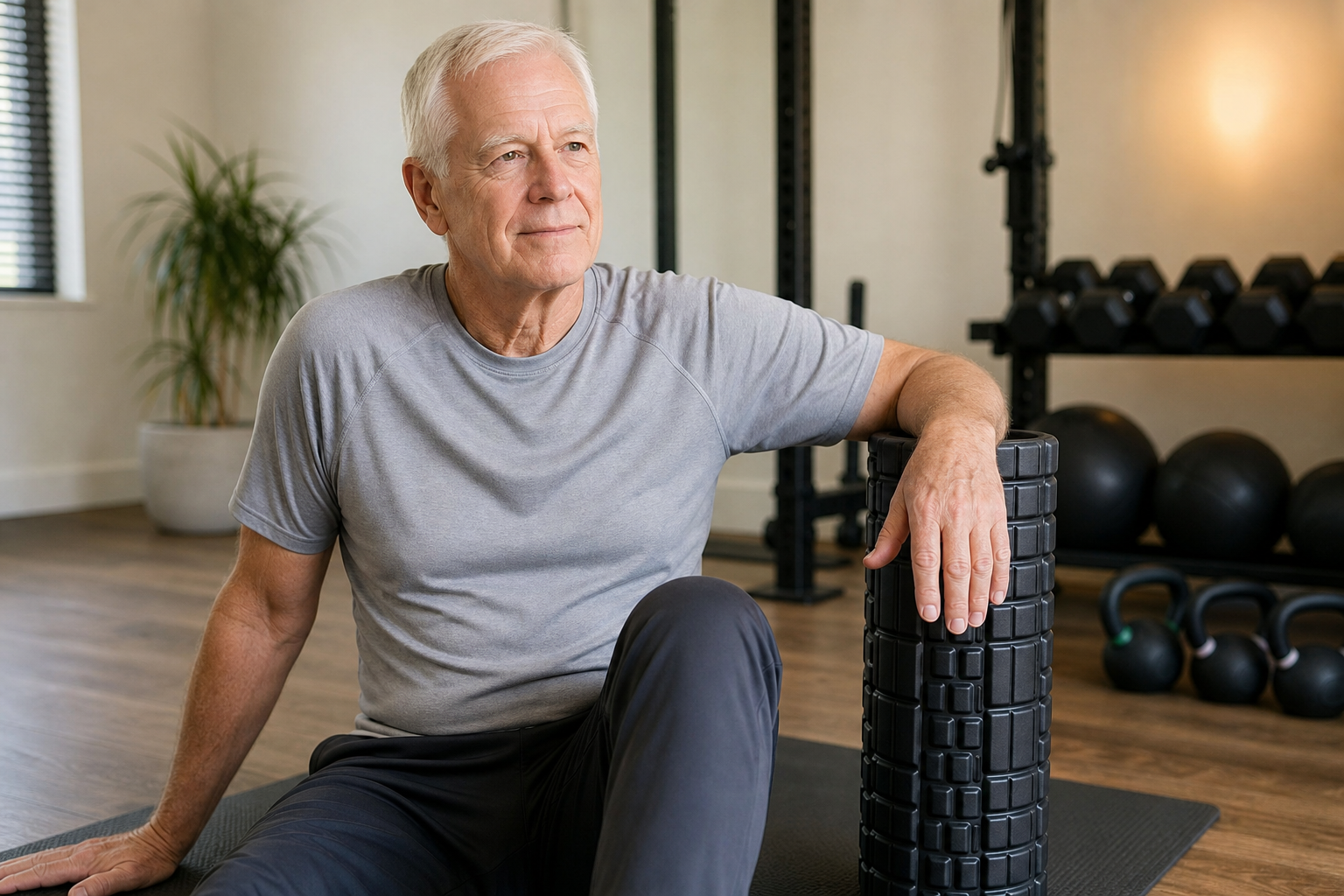 Senior man resting beside a foam roller on a yoga mat during a safe recovery session