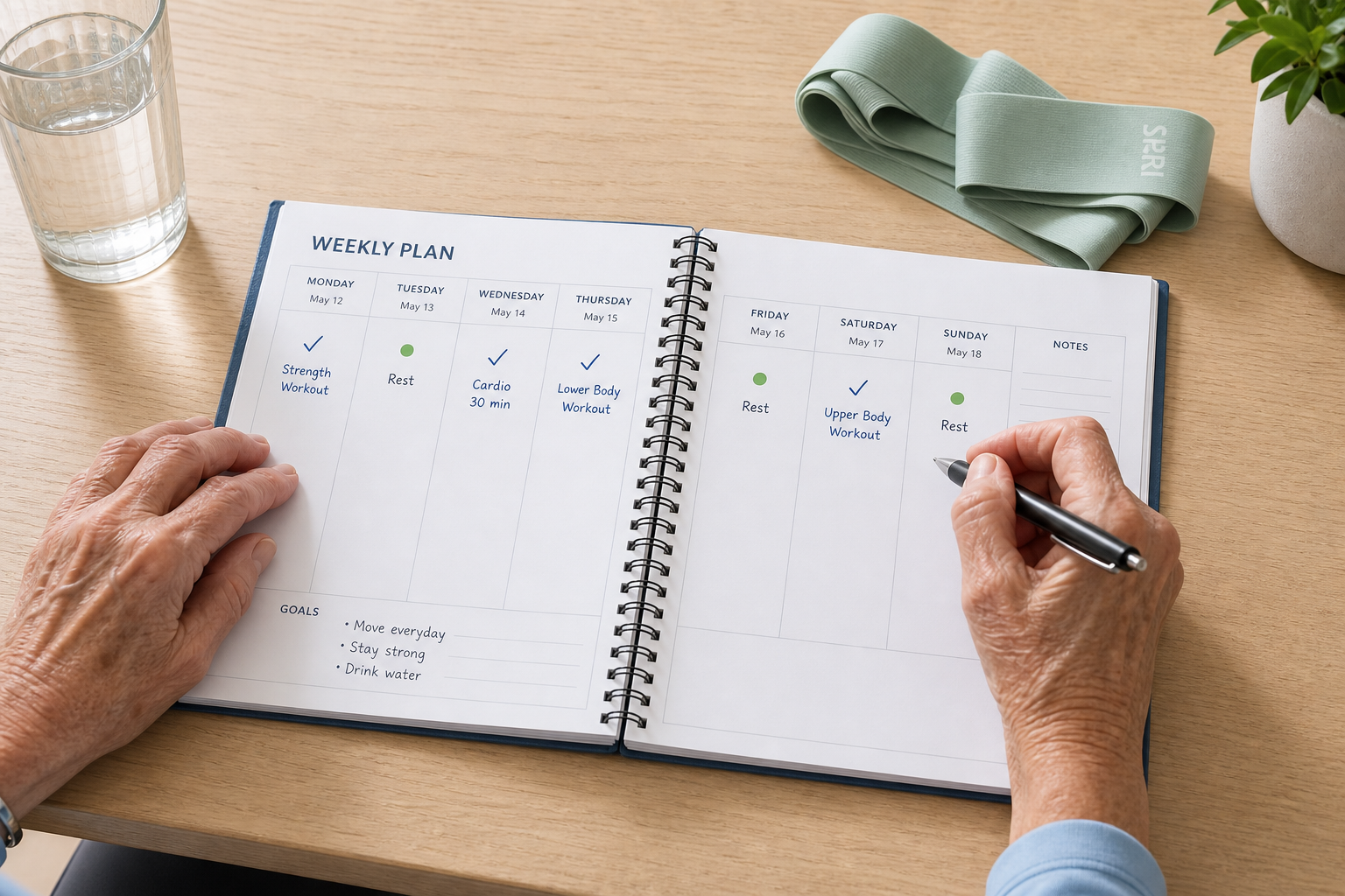 Senior woman planning her weekly strength training schedule in a planner